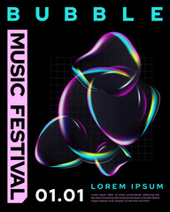 Music festival layout cover design template background with bubble chrome colorful dark y2k style