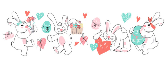 Fototapeta premium Easter background with bunny and flowers. Cute funny bunny or rabbit characters for Easter cards and holiday invitation, doodle kawaii style vector illustration isolated on white.