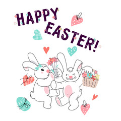 Easter greeting card with cute rabbits characters, hand drawn doodle kawaii vector illustration. Happy Easter card or poster template with bunnies and easter eggs.