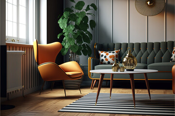 Midcentury modern interior design with sofa armchair and table.3d rendering