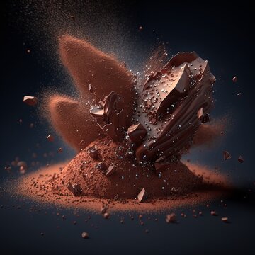 Cacao and dark chocolate in a massive explosion. Powder, particles and splashes around black background. Generative AI.