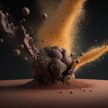 Cacao particles on black background and splash of chocolate. Generative Ai.