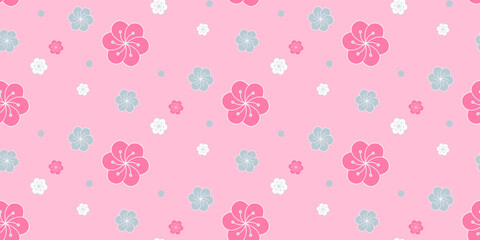 Cute vector seamless pattern with pink, white and blue flowers for textiles, decor, wrapping paper