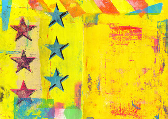 Yellow and red, abstract grunge with stars Background Illustration. Gel Print on paper
