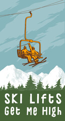 Ski lift with skiers up in the mountains over the forest. Winter sports vector illustration.