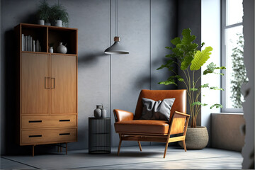 Mockup living room with wood cabinet,table,shelf and armchair with polished concrete loft style wall.3d rendering