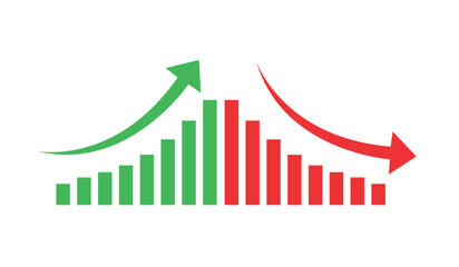 Graph going Up and Down sign with green and red arrows vector. Flat design vector illustration concept of sales bar chart symbol icon with arrow moving down and sales bar chart with arrow moving up