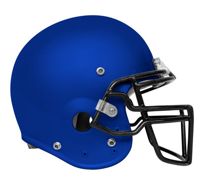 A side view of a blue & black American football helmet with a transparent background.