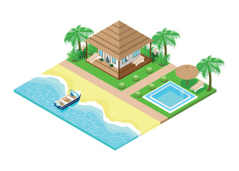 Isometric tropical beach with a cozy bungalow with sun loungers on the terrace, evergreen palm trees, a swimming pool and a moored boat on the seashore. Illustration on a white background.