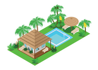 Isometric bungalow with a terrace, a swimming pool, sun loungers, beach umbrellas in a tropical forest with evergreen palm trees and flowers. Illustration on a white background.