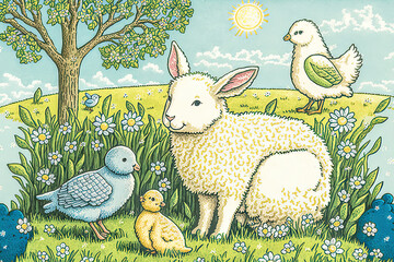 Ostern Osterlamm Osterfest Kindermalerei Zeichnung Kinderbuch Cover Hintergrund Backdrop Generative AI Digital Art Illustration