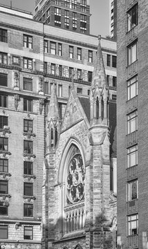 Black and white photo of New York City diverse architecture, USA.