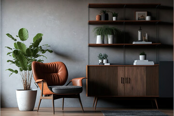 Mockup living room with wood cabinet,table,shelf and armchair with polished concrete loft style wall.3d rendering - obrazy, fototapety, plakaty