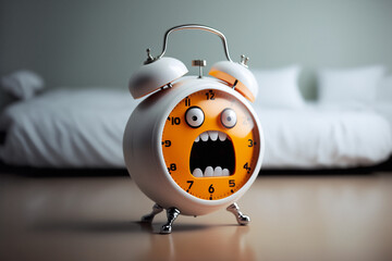 Mechanical alarm clock with face screams to wake you up - obrazy, fototapety, plakaty