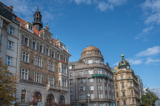 Buildings architecture at Wenceslas Square - Prague, Czech Republic