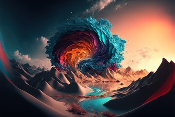  a colorful painting of a mountain landscape with a river running through it and a rainbow swirl coming out of the center of the image, with a blue sky and clouds and a red and.  generative
