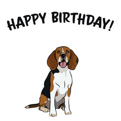 Happy birthday card with dog, holiday design. Present for a dog lover. Funny cartoon dog breed illustration.  Minimalistic greeting card. Fun Beagle dog character party postcard.