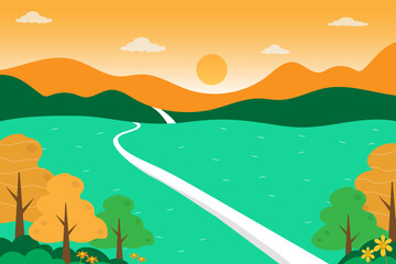 Fototapeta na wymiar Vector illustration on nature and mountain with sunshine landscape with the road on hill