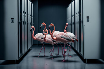 art and design concept flamingo birds walking in computer server room technology and nature merging concept,generative ai.