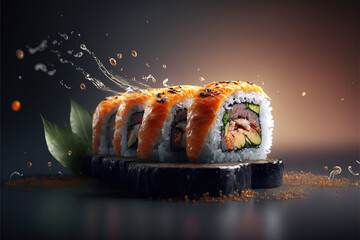 Delicious sushi rolls and pieces background, AI