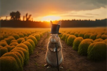 Fototapeta  a rabbit in a top hat is standing in a field of flowers at sunset with a cane in his hand and a cane in his mouth, with a cane in his other hand,. obraz