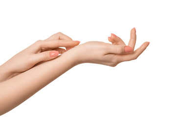 Beautiful woman's hands on the white background. Moisturizing female hands, isolate. Spa and...