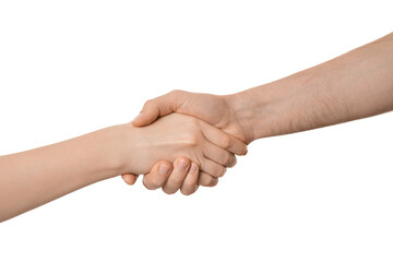 Shaking hands of two people, isolated on white. Male and female hands.