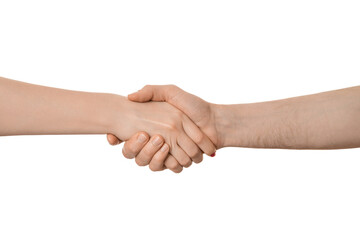 Shaking hands of two people, isolated on white. Male and female hands.