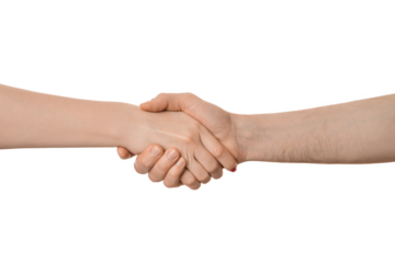 Shaking hands of two people, isolated on white. Male and female hands.