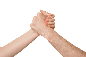 Hands of friends greeting each other isolate on white background. Shaking hands of two people, male and female.