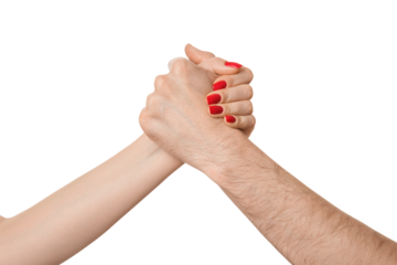 Hands of friends greeting each other isolate on white background. Shaking hands of two people, male and female.