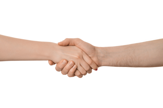 Shaking hands of two people, isolated on white. Male and female hands.