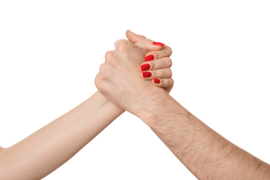 Hands of friends greeting each other isolate on white background. Shaking hands of two people, male and female.