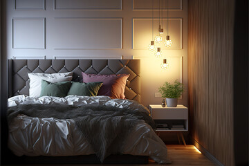 Modern bedroom close up interior with lighting.3d rendering