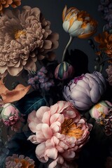 peonies floral pattern in vintage print style dark tones