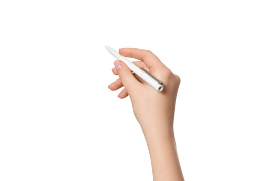 Female hand with a light pen on a white background, isolate.