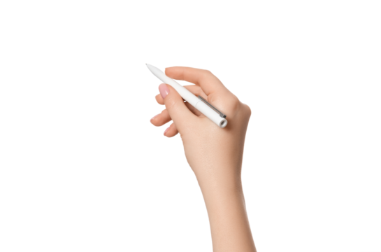 Female hand with a light pen on a white background, isolate.