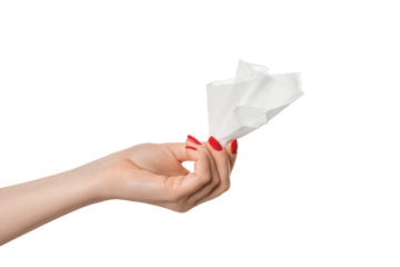 Woman's hand with paper napkin on a white background, isolate.