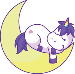 Unicorn sleep on crescent moon. Fantasy dream creature