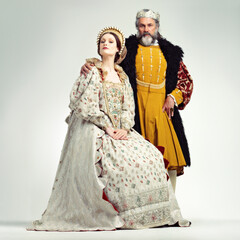 King, Queen and royal portrait of a couple in studio for renaissance, history and fantasy cosplay...
