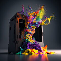 Colorful 3d printer throwing multicolor plastic out. Generative AI.