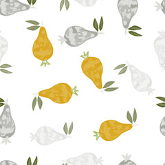 Scribble pears seamless pattern. Hand drawn fruits botanical backdrop. Naive art style.