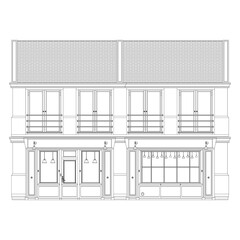 Coffeeshop facade front view Coloring page. French old Building. European architecture. PNG Illustration.