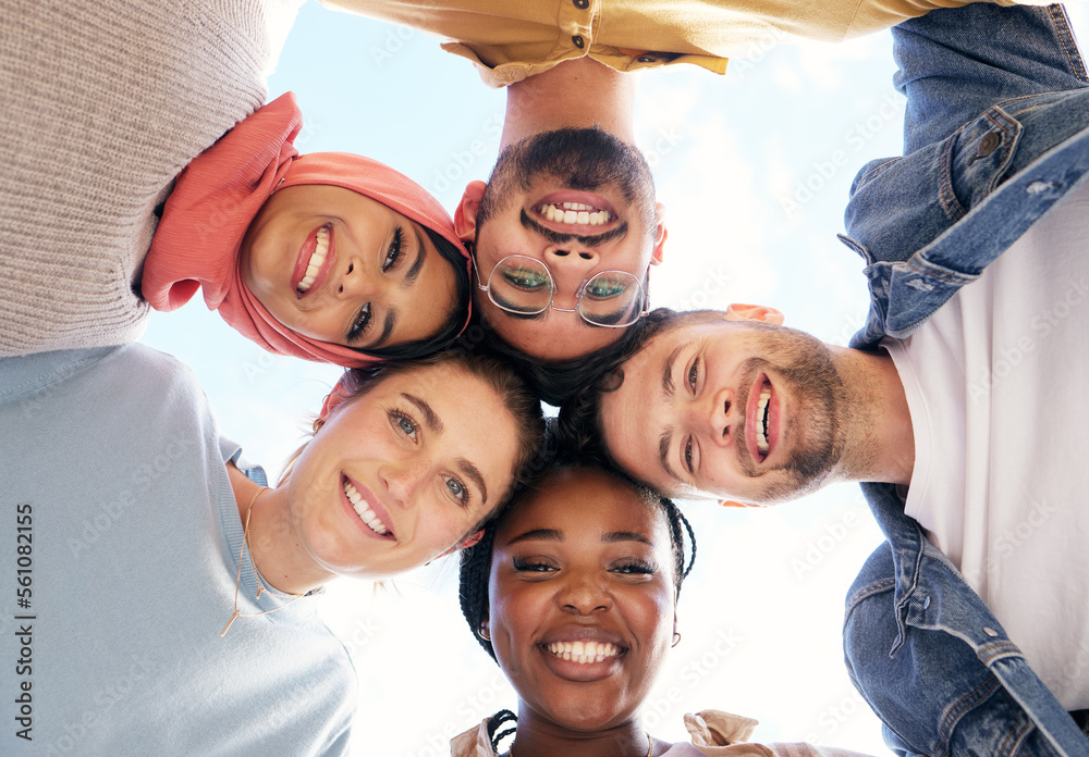 Poster Diversity, portrait or happy students in huddle or educational community for future success together. Heads, team work or school friends on university or college campus with a group mission or vision