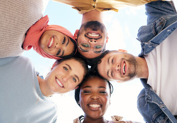 Diversity, portrait or happy students in huddle or educational community for future success together. Heads, team work or school friends on university or college campus with a group mission or vision