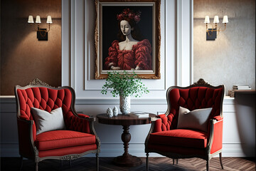 Modern classic red armchairs and art painting in living room.3d rendering
