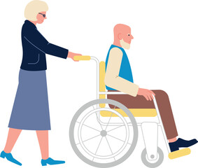 Fototapeta na wymiar Old woman pushing wheelchair with old man. Caring senior
