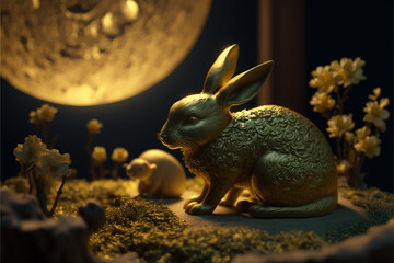 Happy chinese new year of the gold rabbit zodiac sign made of gornate vitage gold  on blurred Background. generative ai.
