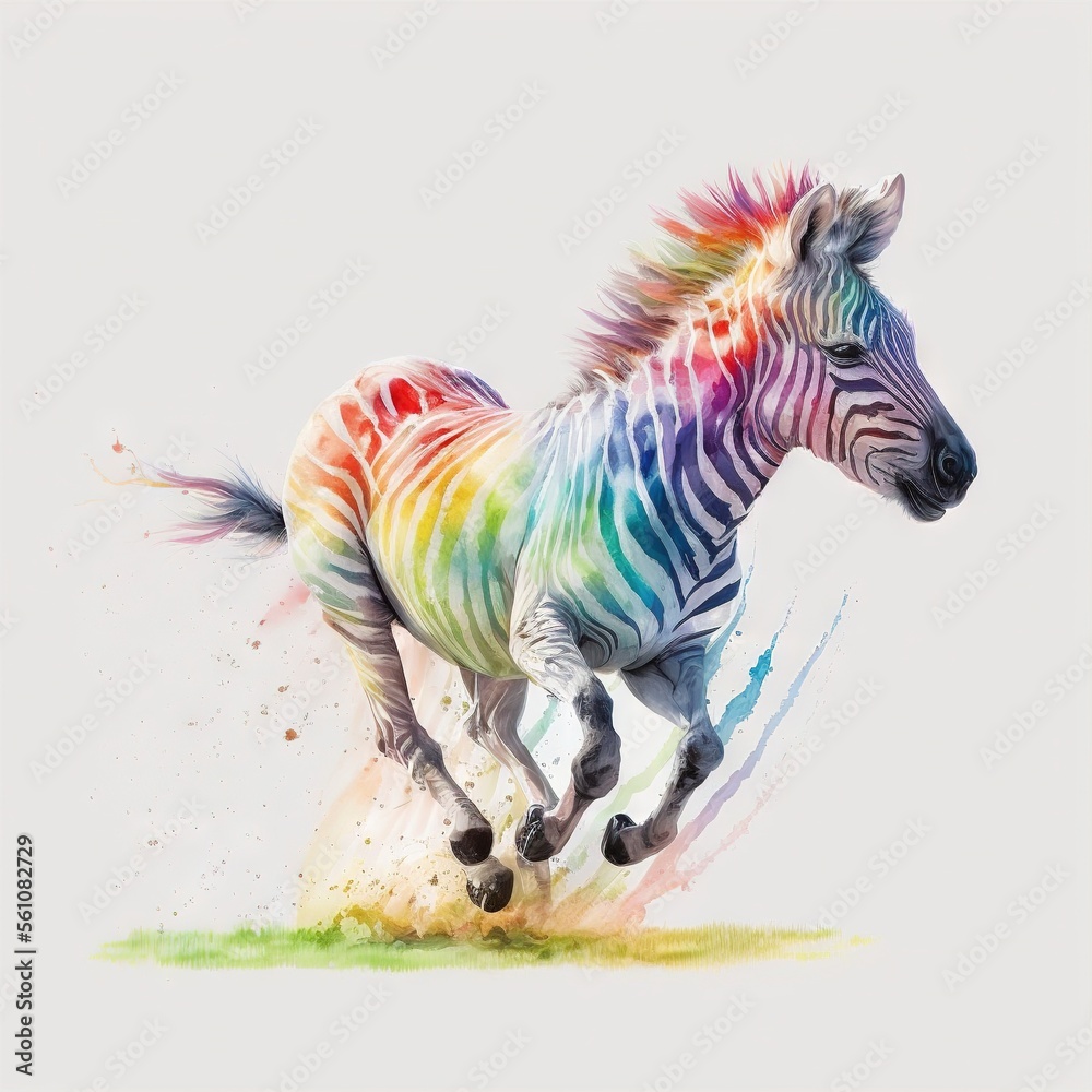 Poster  a painting of a zebra running in the grass with colors of the rainbow on it's body and tail, with a white background and a white background with a white border, and a white border.  ai Generative AI