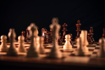Schachfiguren auf einem Schachbrett mit unterschiedlichen Schärfeebenen - obrazy, fototapety, plakaty